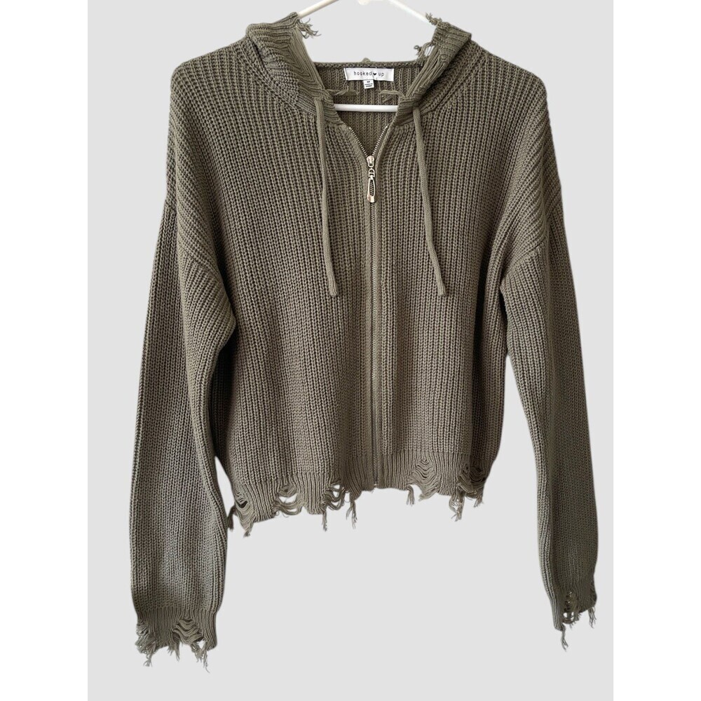Women’s Knit Hoodie Sweatshirt By Hooked Up Full Zip Green Sz Med Distressed